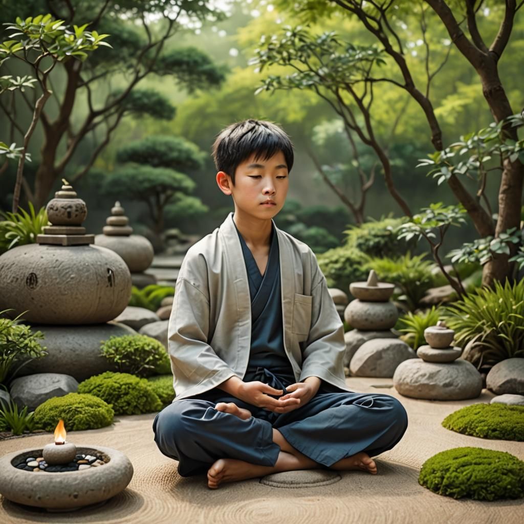 Young Boy Meditating in Zen Garden, Photorealistic
