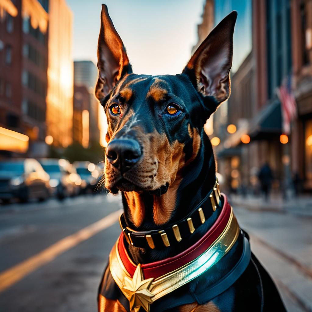 Heroic Doberman in Captain Marvel Cosplay
