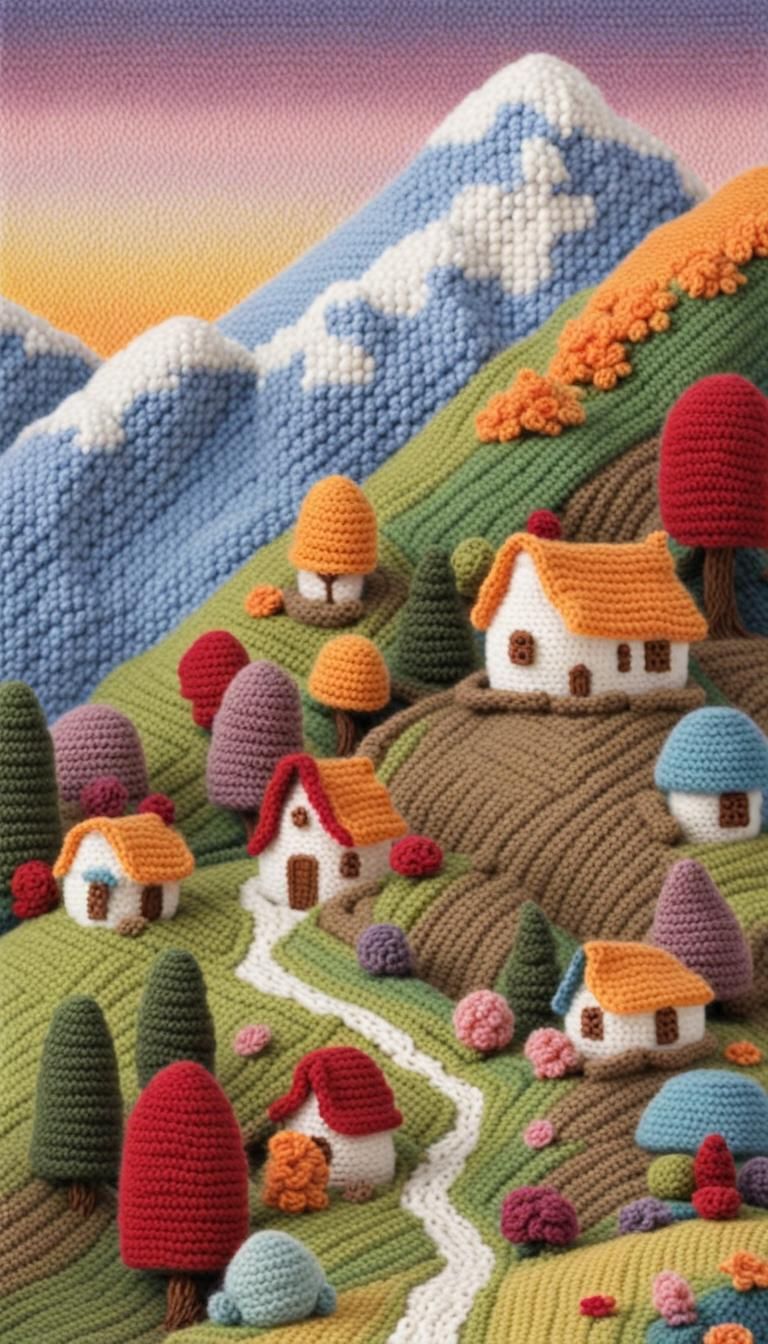 Colorful Crochet Knit Mountainous Dreamscape
