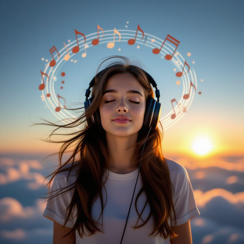 Teenage Girl Floating in Sunrise Sky with Music Notes