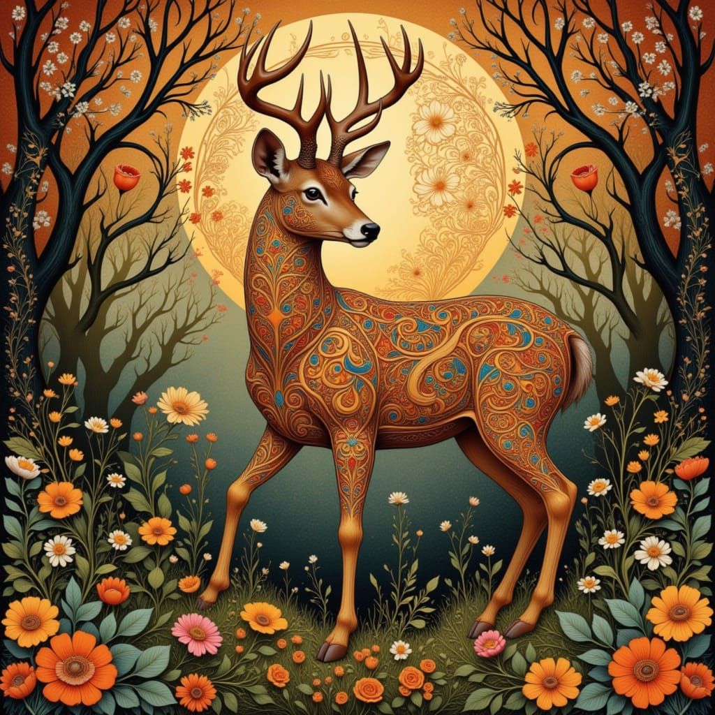 Deer Adorned in Folk Art Nouveau Style