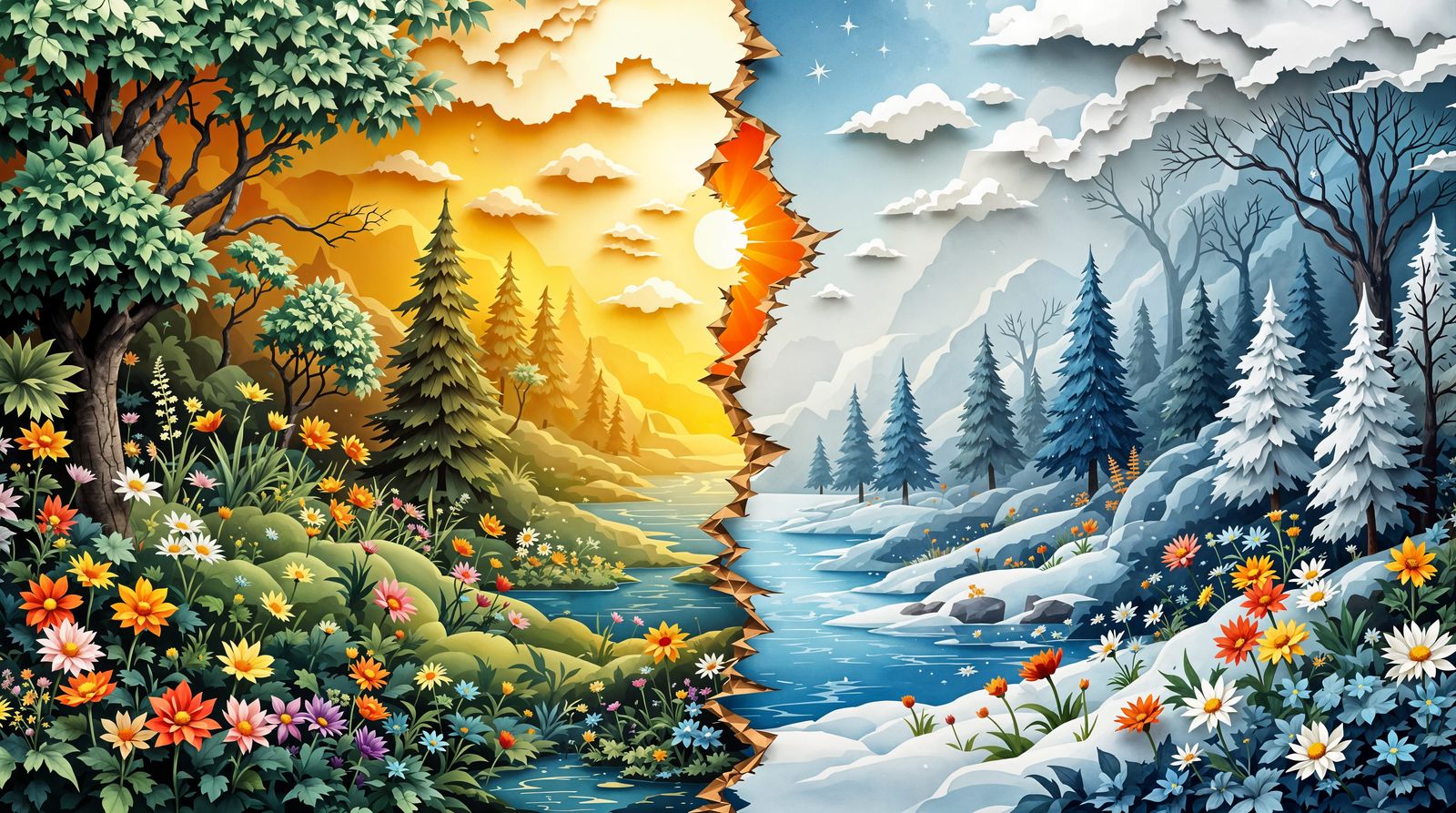 Surrealist Summer Winter Duality in Whimsical Paper Art