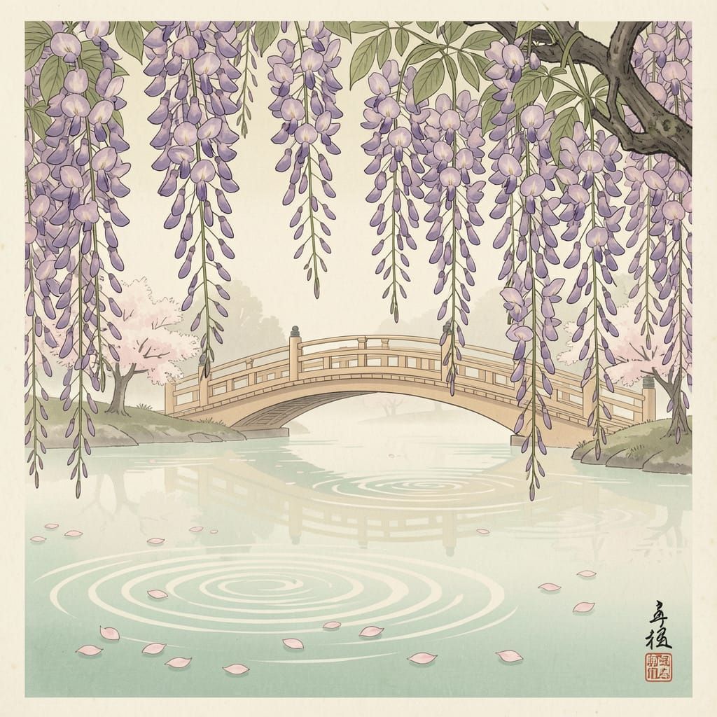 Ukiyo-e Wisteria Blossoms Over Tranquil Pond