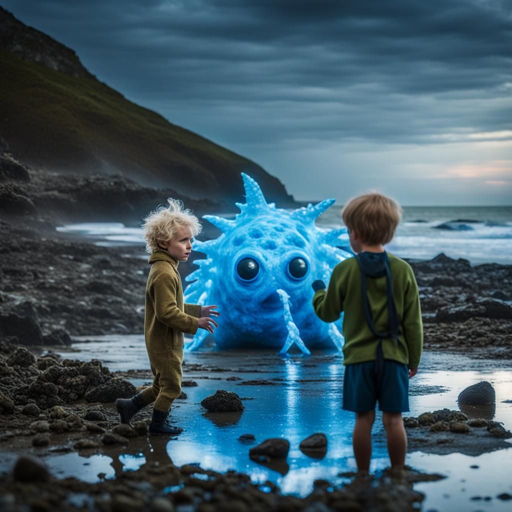 Boy with Glowing Egg on Rocky Beach