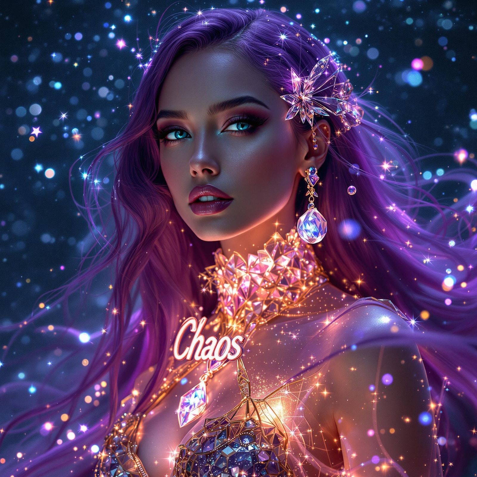 Stunning Woman with Purple Hair in Starry Night