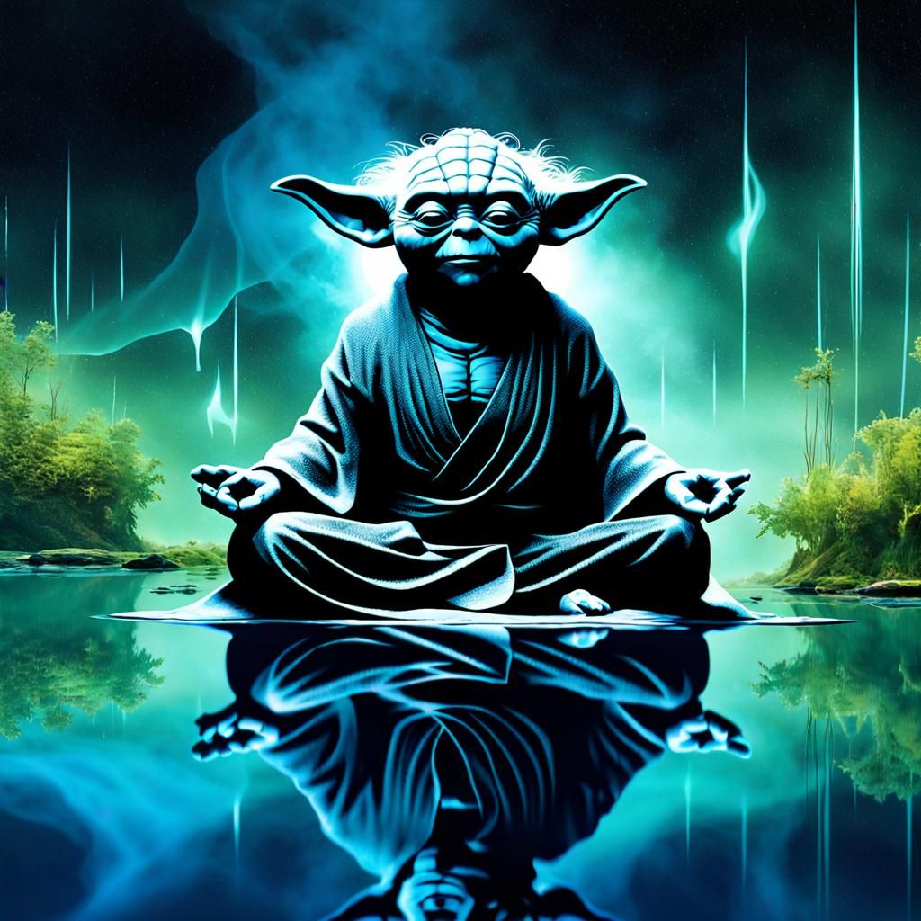 Yoda Meditating in Lotus Position on Pond