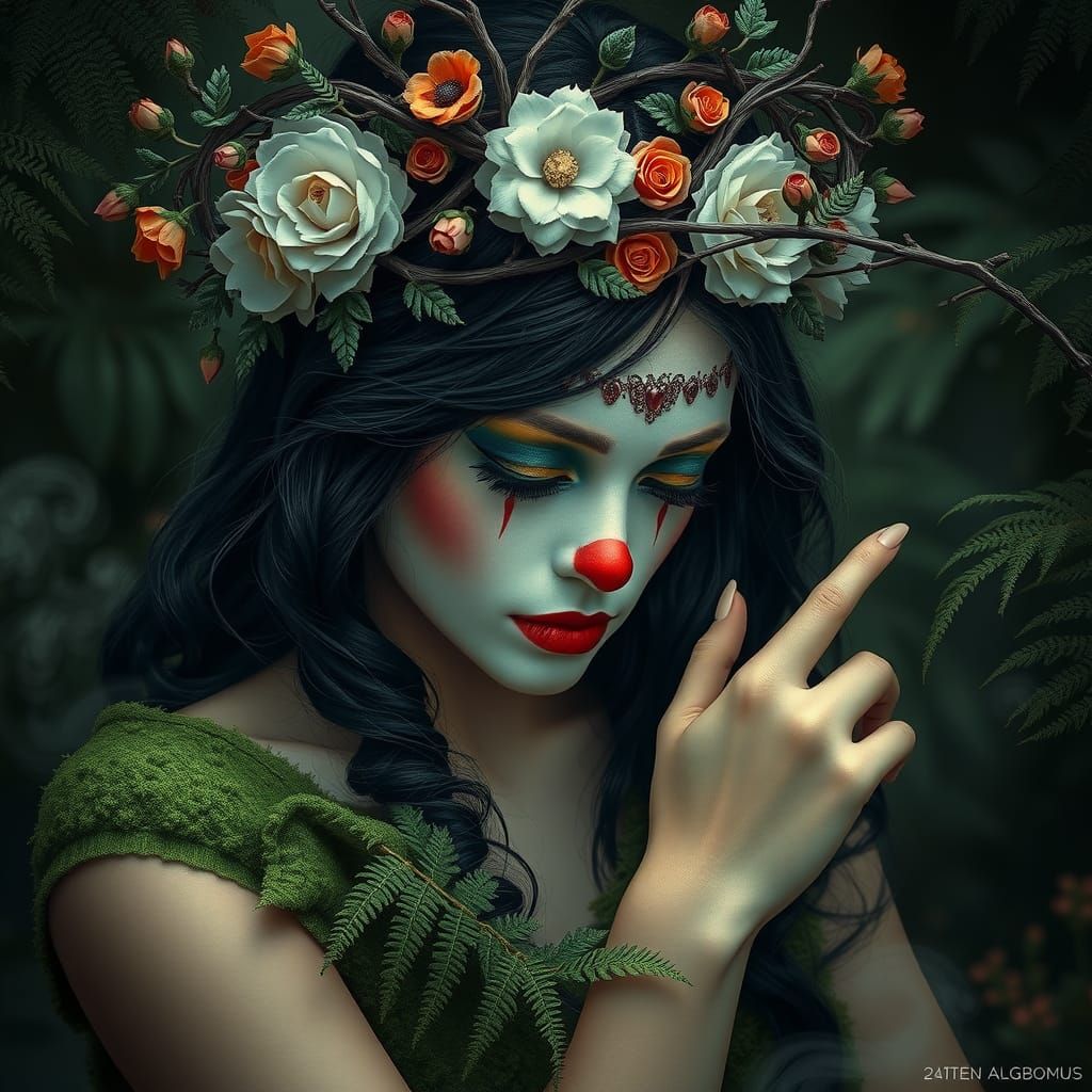 Clown Woman in Mystical Forest Setting