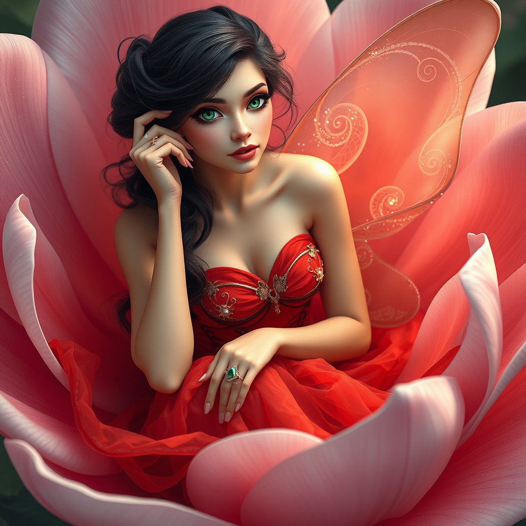 Brunette Fairy in Flower, Detailed Matte Painting