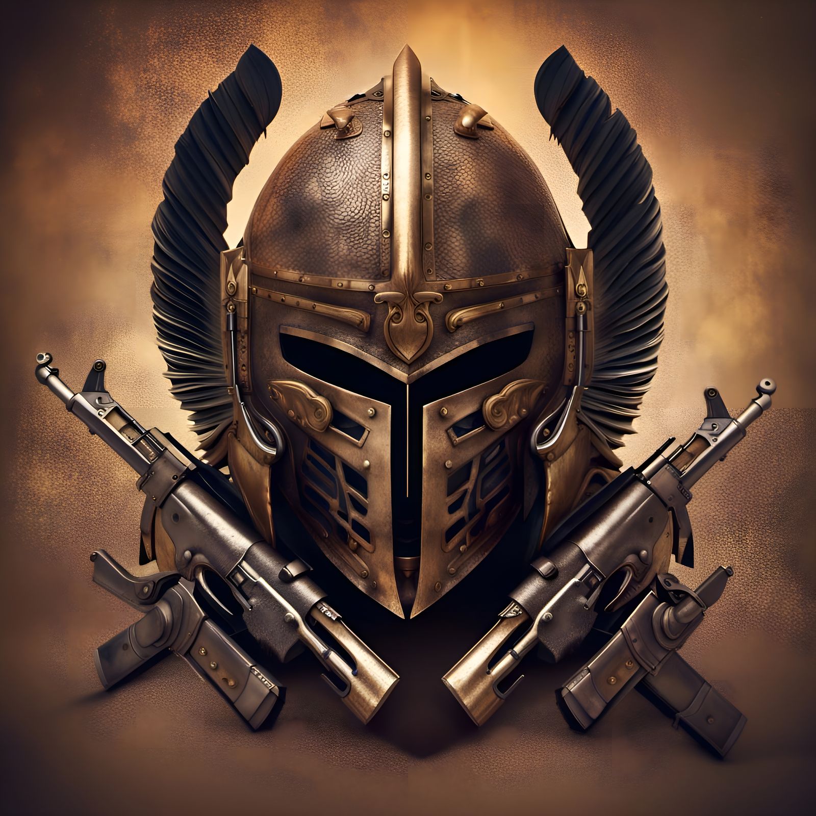 Bronze Trojan Helmet with Assault Rifles