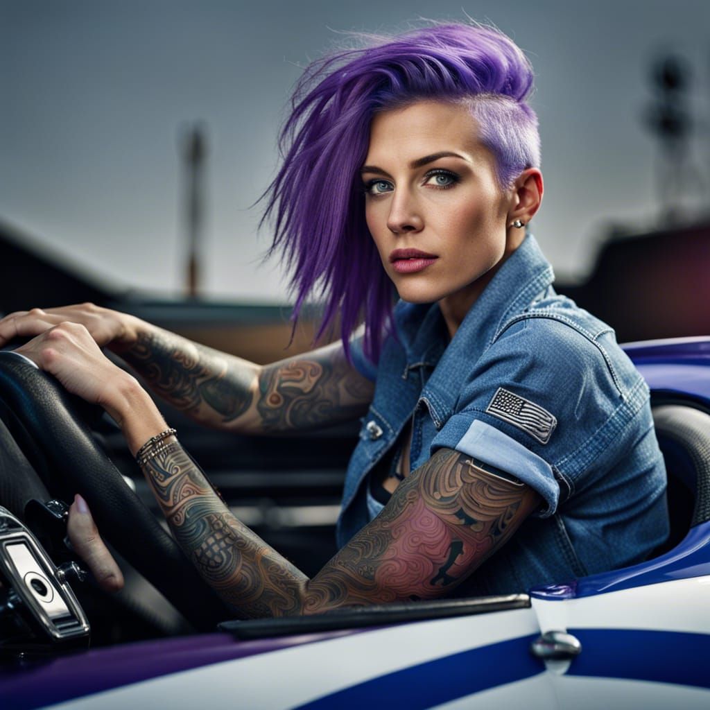 Tattooed Woman with Checkered Flag Portrait