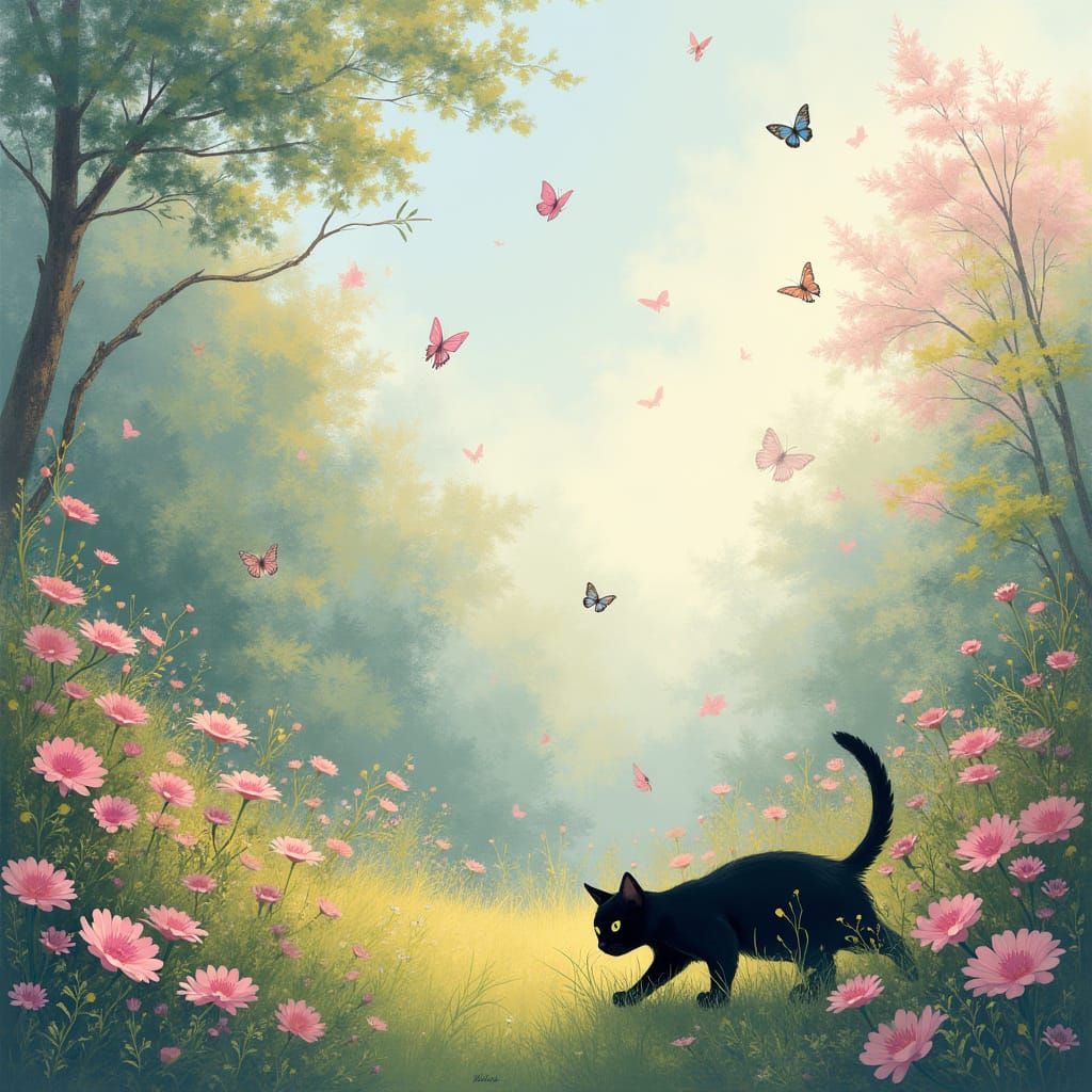 Pastel Landscape with Butterflies and Black Cat in Impressio...
