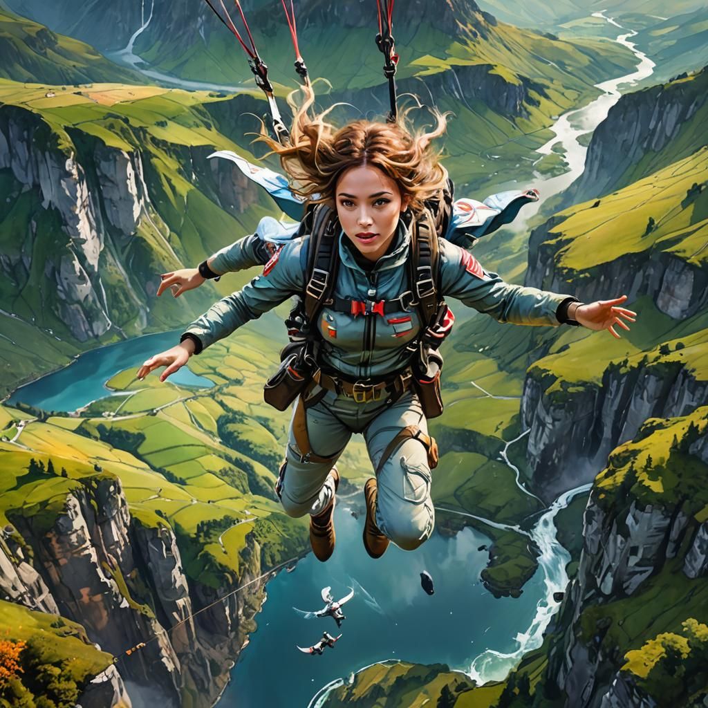Goddess Skydiving: Majestic Watercolor Digital Illustration