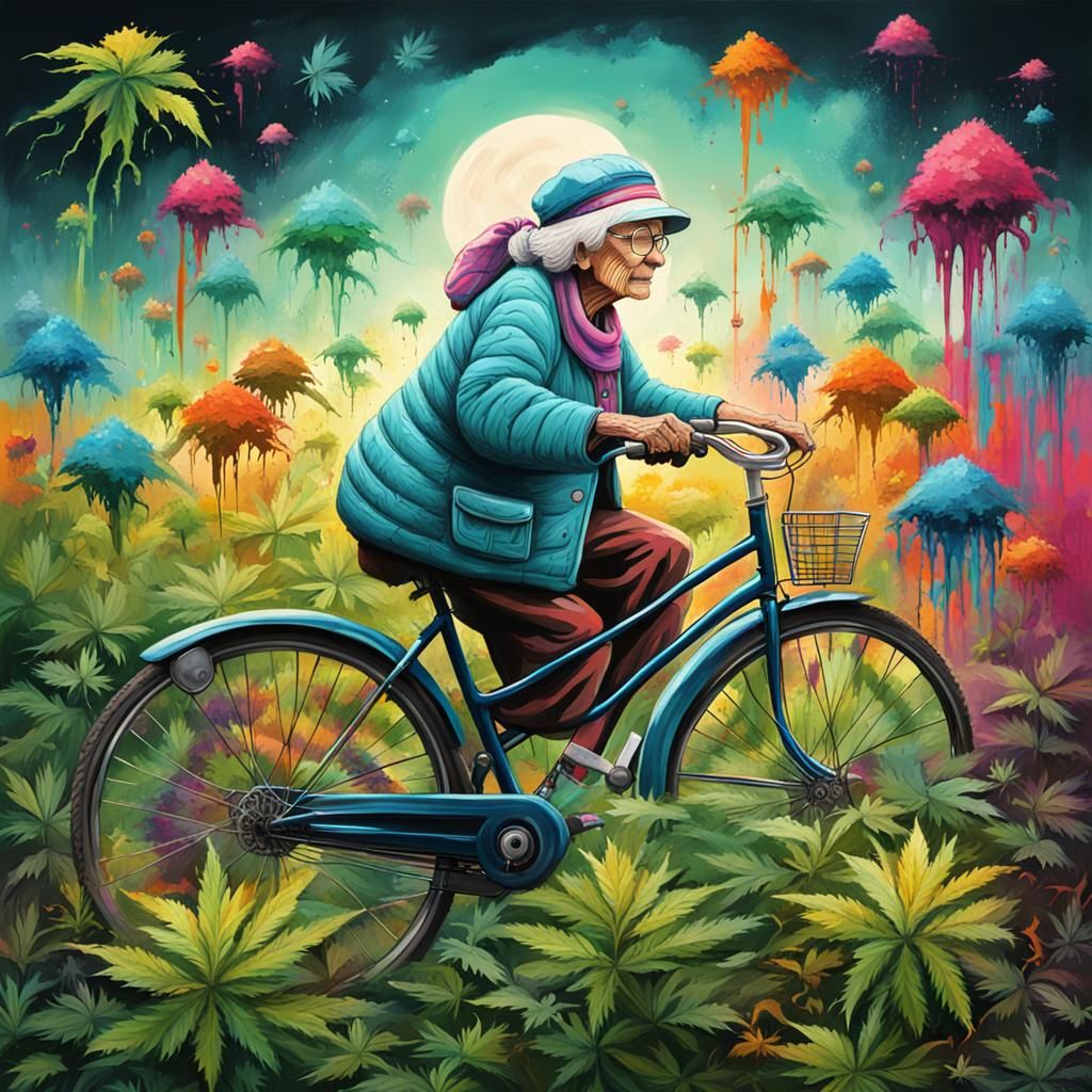 Old Lady on Bicycle in Graffiti Art Style