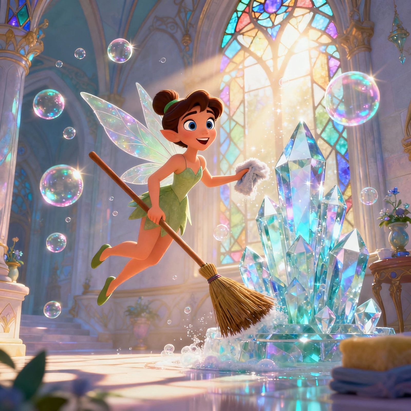 Disney Style Fairy Cleans Crystal Palace with Big Eyes
