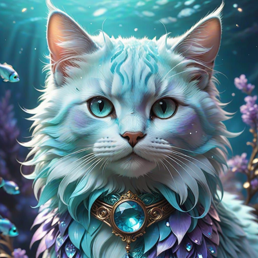 Whimsical Ocean Cat Portrait in Watercolor Style
