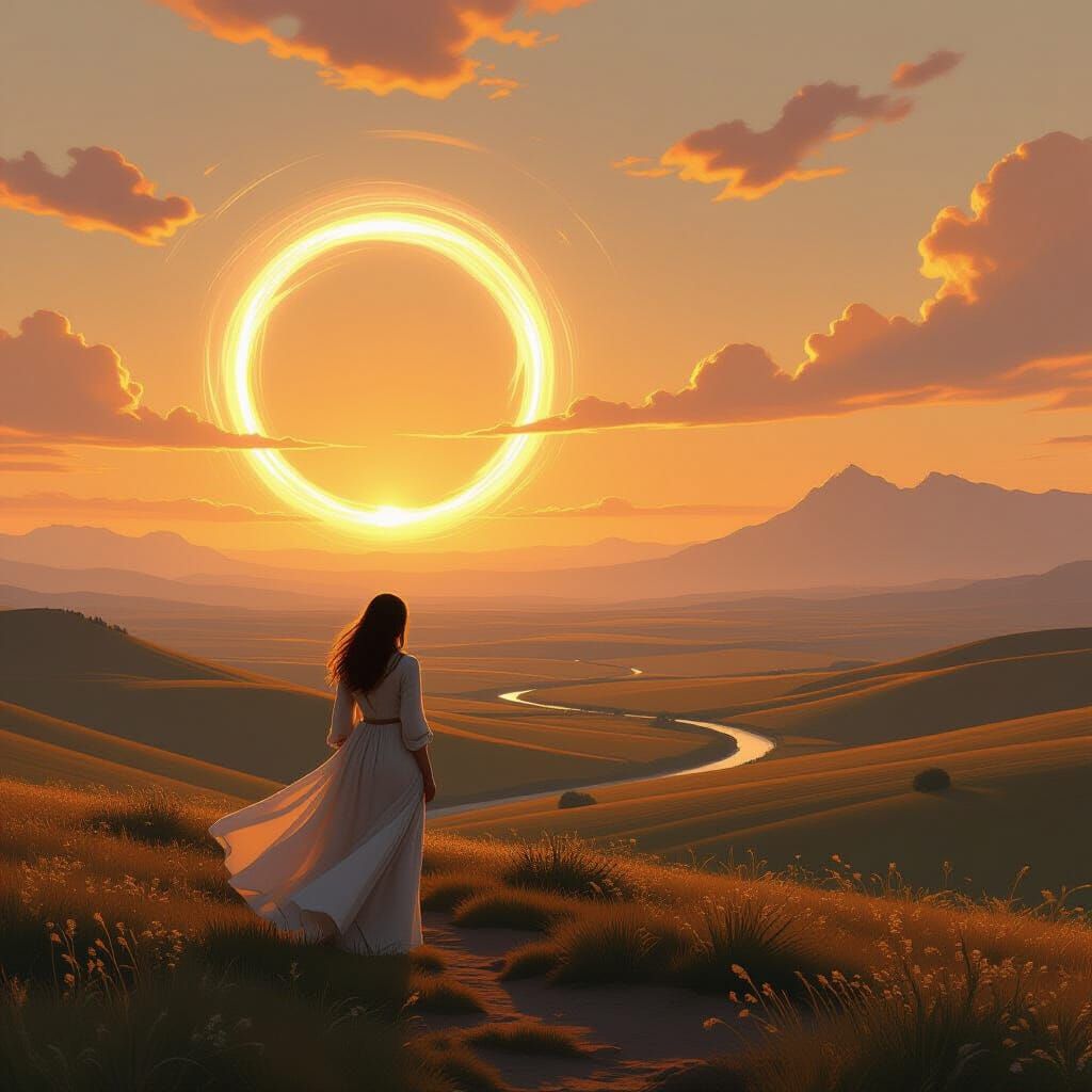 Woman Gazes at Wormhole in Serene Landscape, Painterly Style