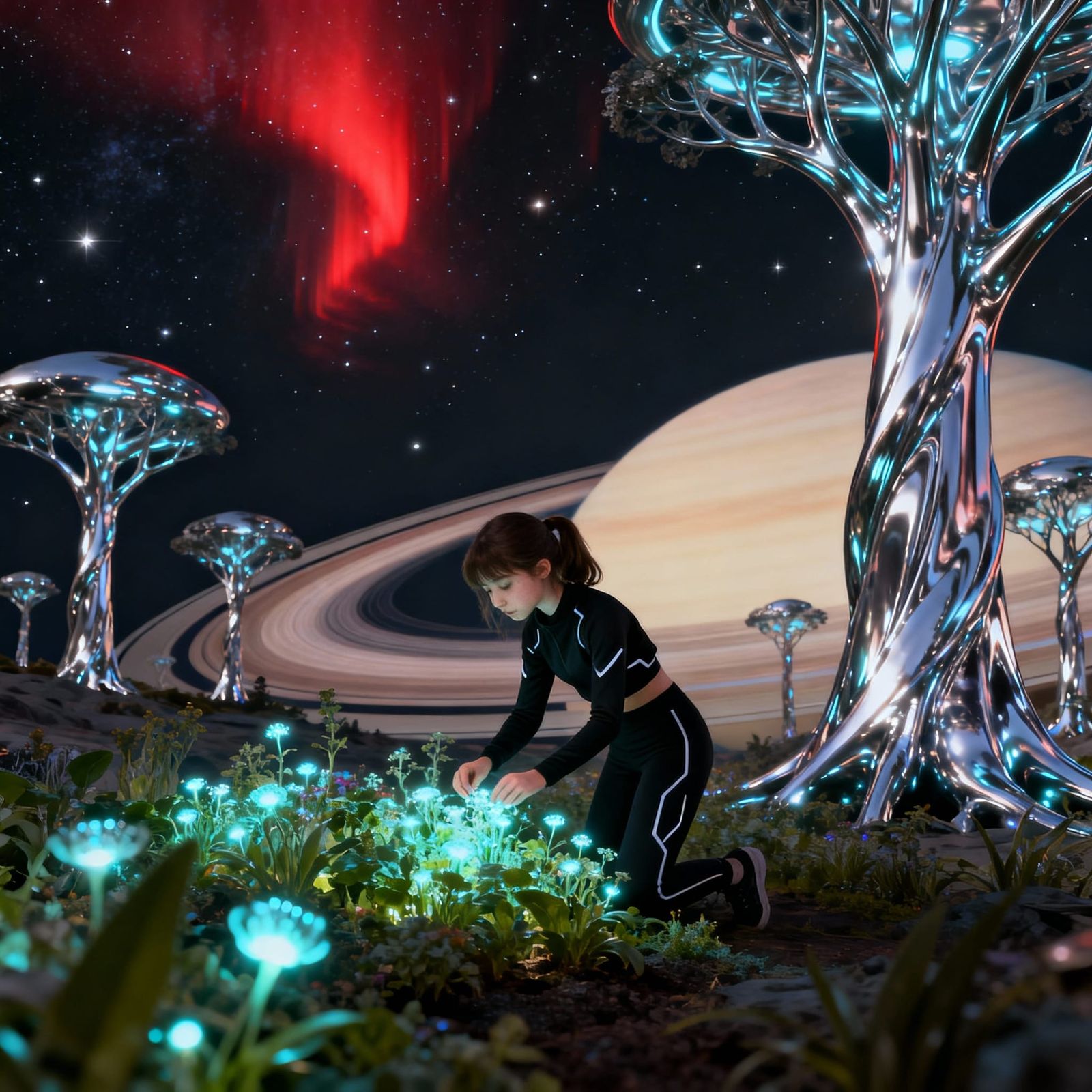 Girl Tends Bioluminescent Garden on Terraformed Saturn