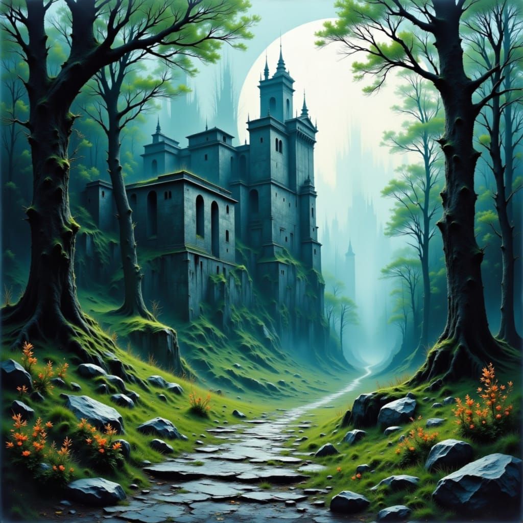 Enchanted Castle Ruin Under Double Moon in Forest