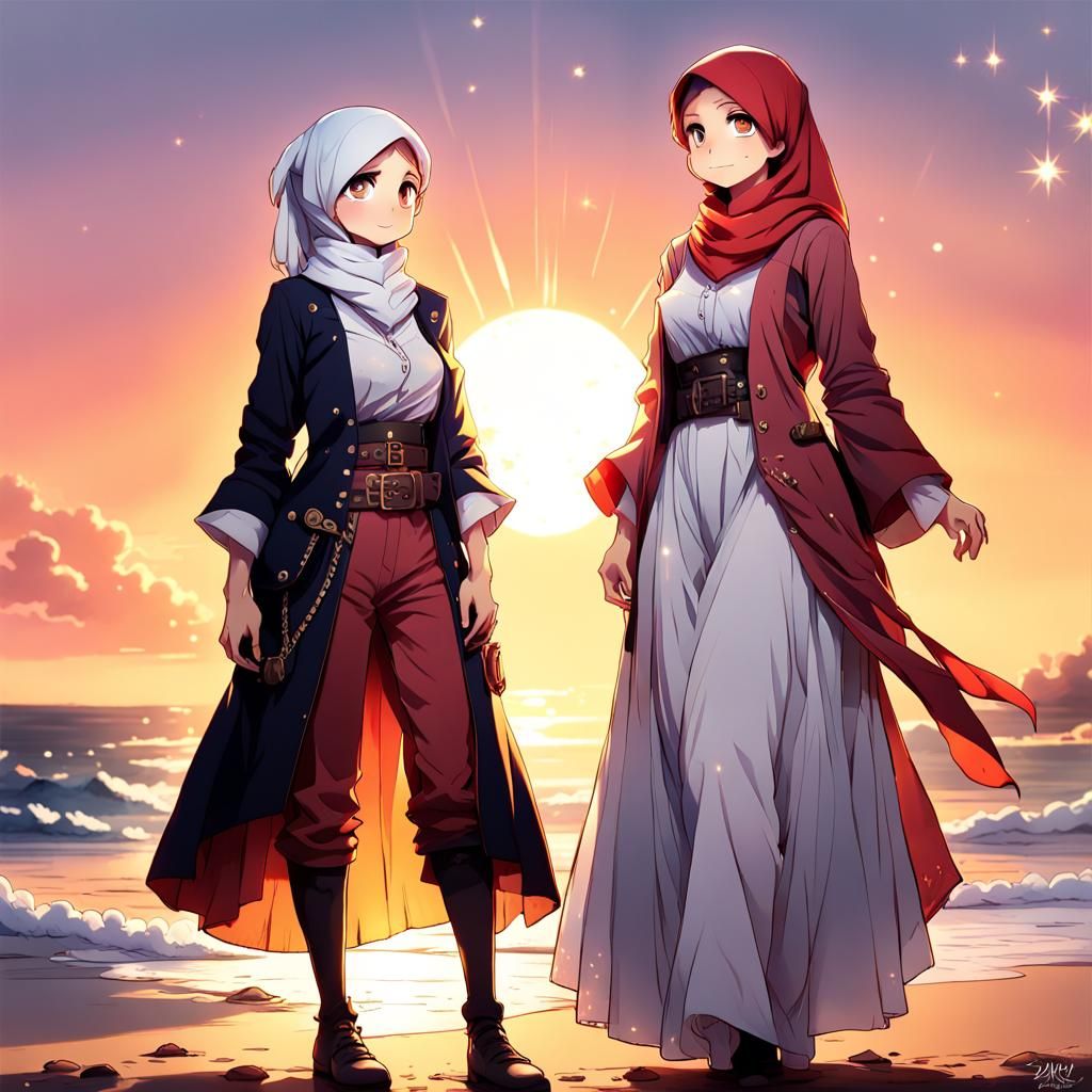 Anime-Style Hijabi Pirate Character in Vibrant Sunset