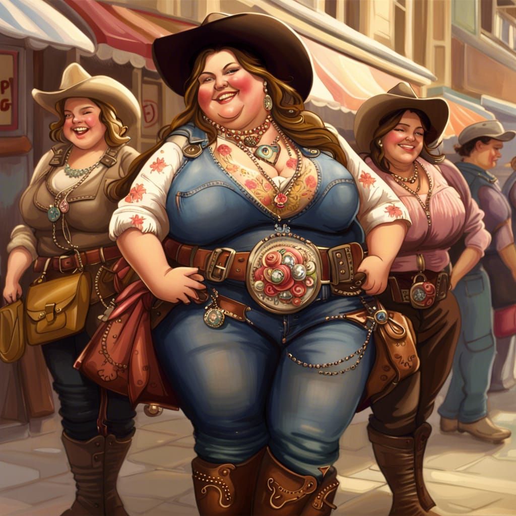Chubby Cowgirls Shopping: Detailed Fantasy Art