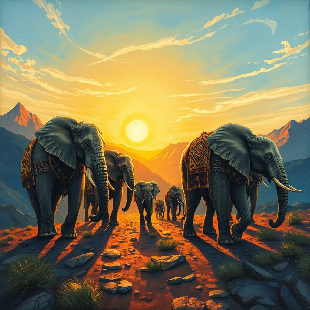 Majestic Elephant Caravan in Sun-Drenched Mountains, Oil Pai...