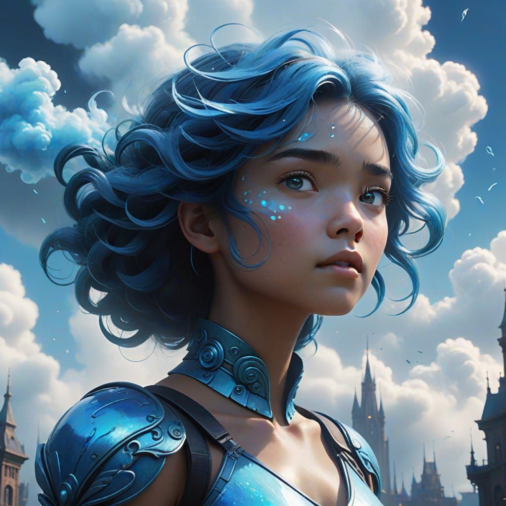 Whimsical Blue Cloud Cityscape with Majestic Air Elemental