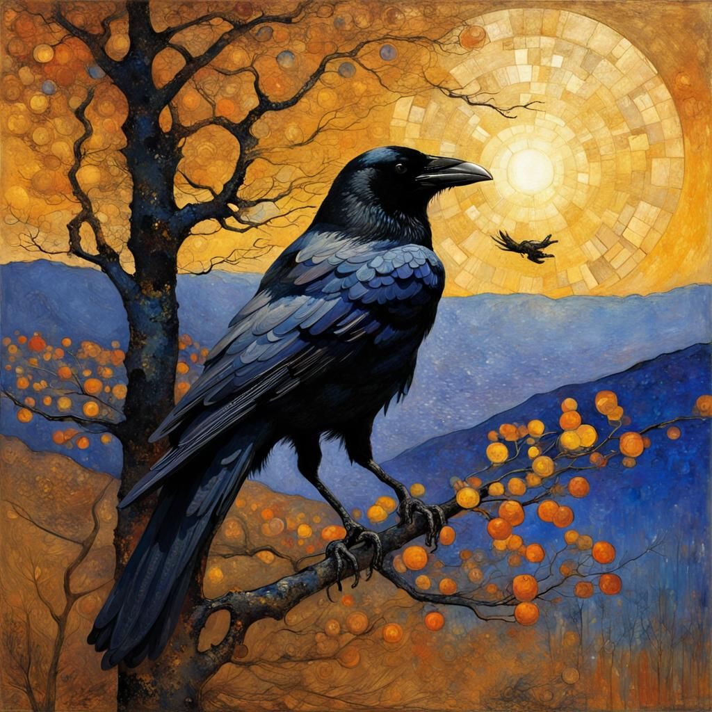 Crow on Terrace in Impressionistic Style