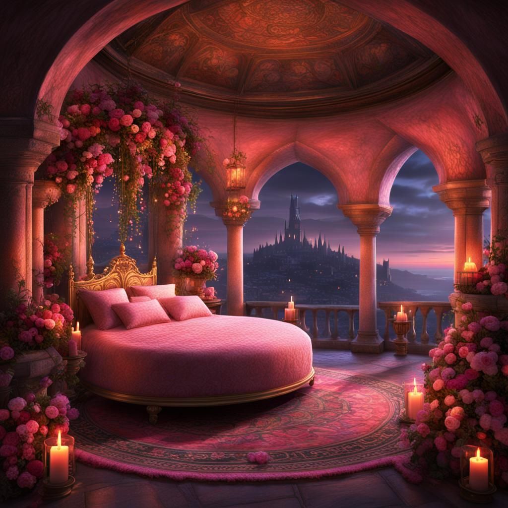 Medieval Room with Round Bed in Digital Painting