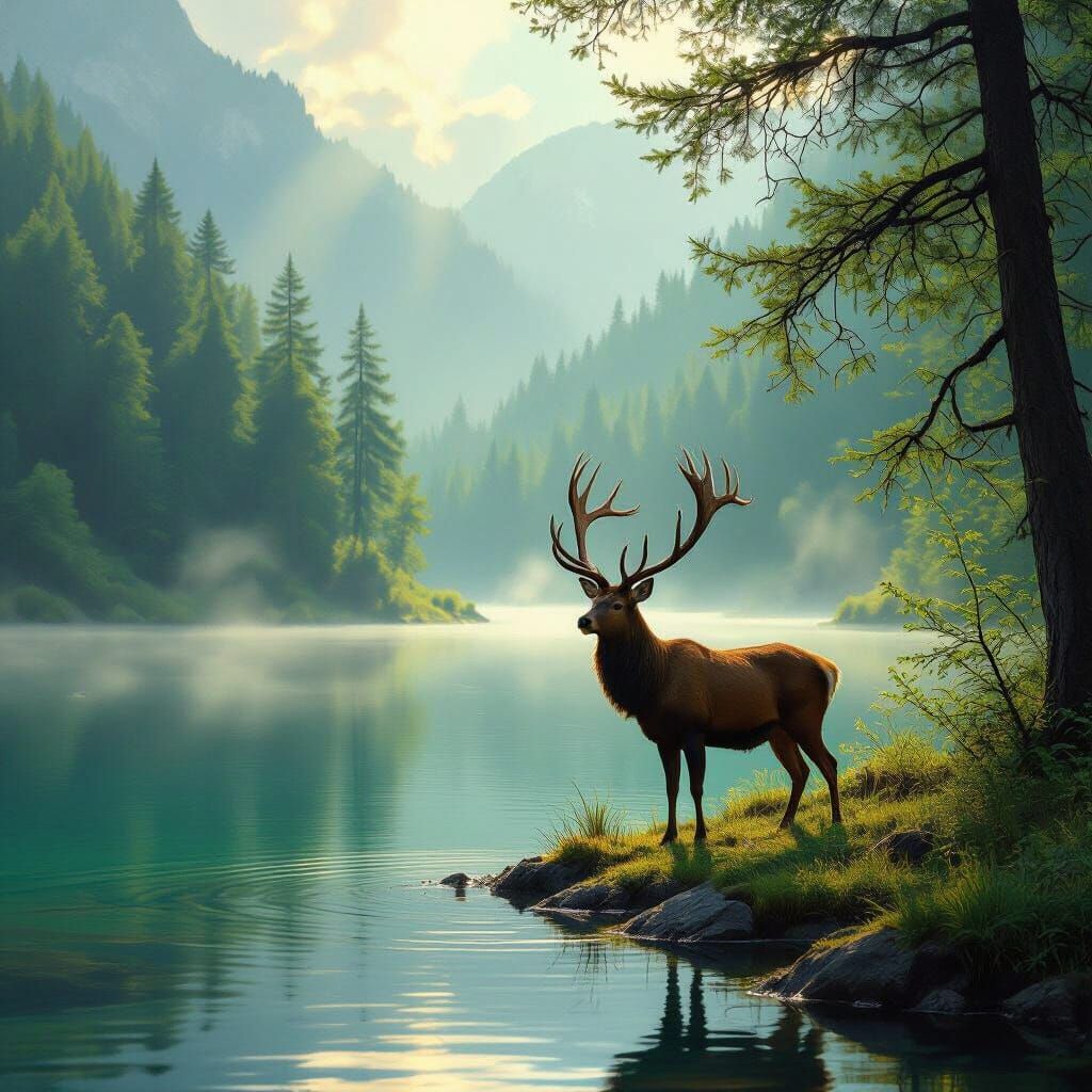 Majestic Red Deer by Serene Lake in Forest
