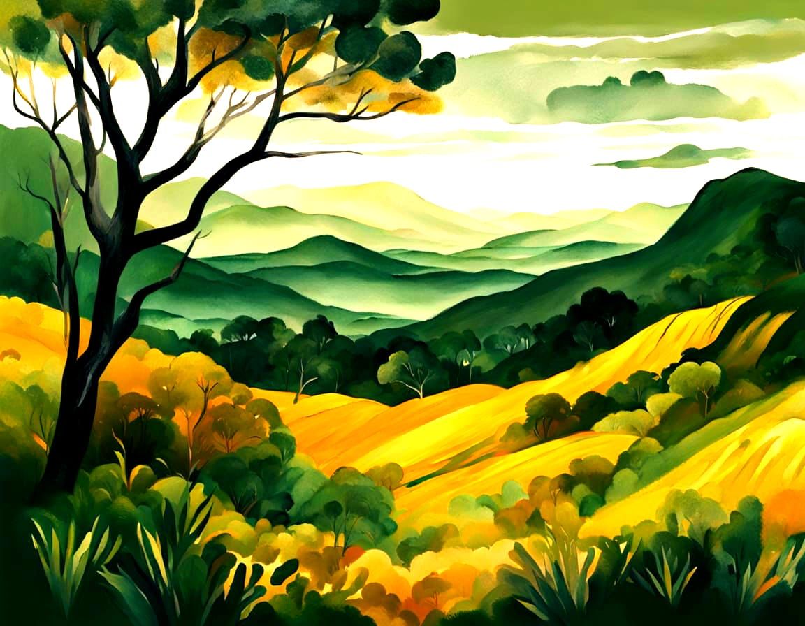 Green Gouache Landscape: Tranquil Depths
