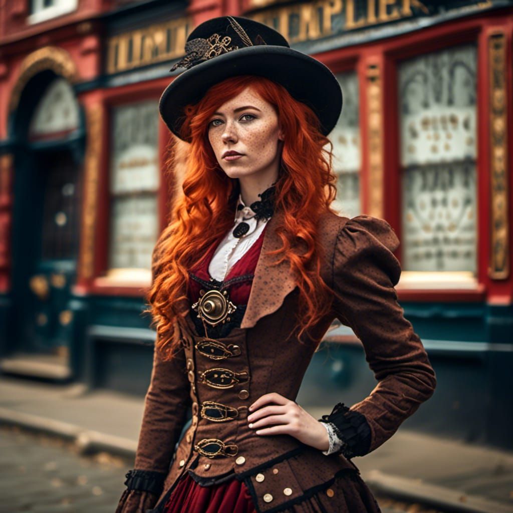 Steampunk Victorian Redhead in London Street Scene
