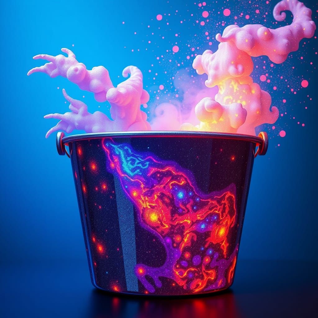 Iridescent Bucket with Cosmic Textures as Matte Painting