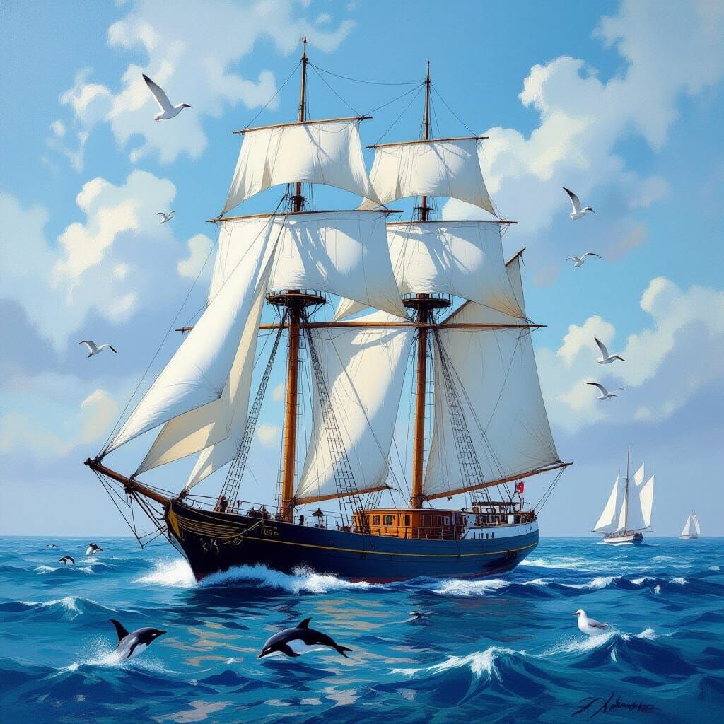 Sailing Ship on the Ocean in Romanticism Style