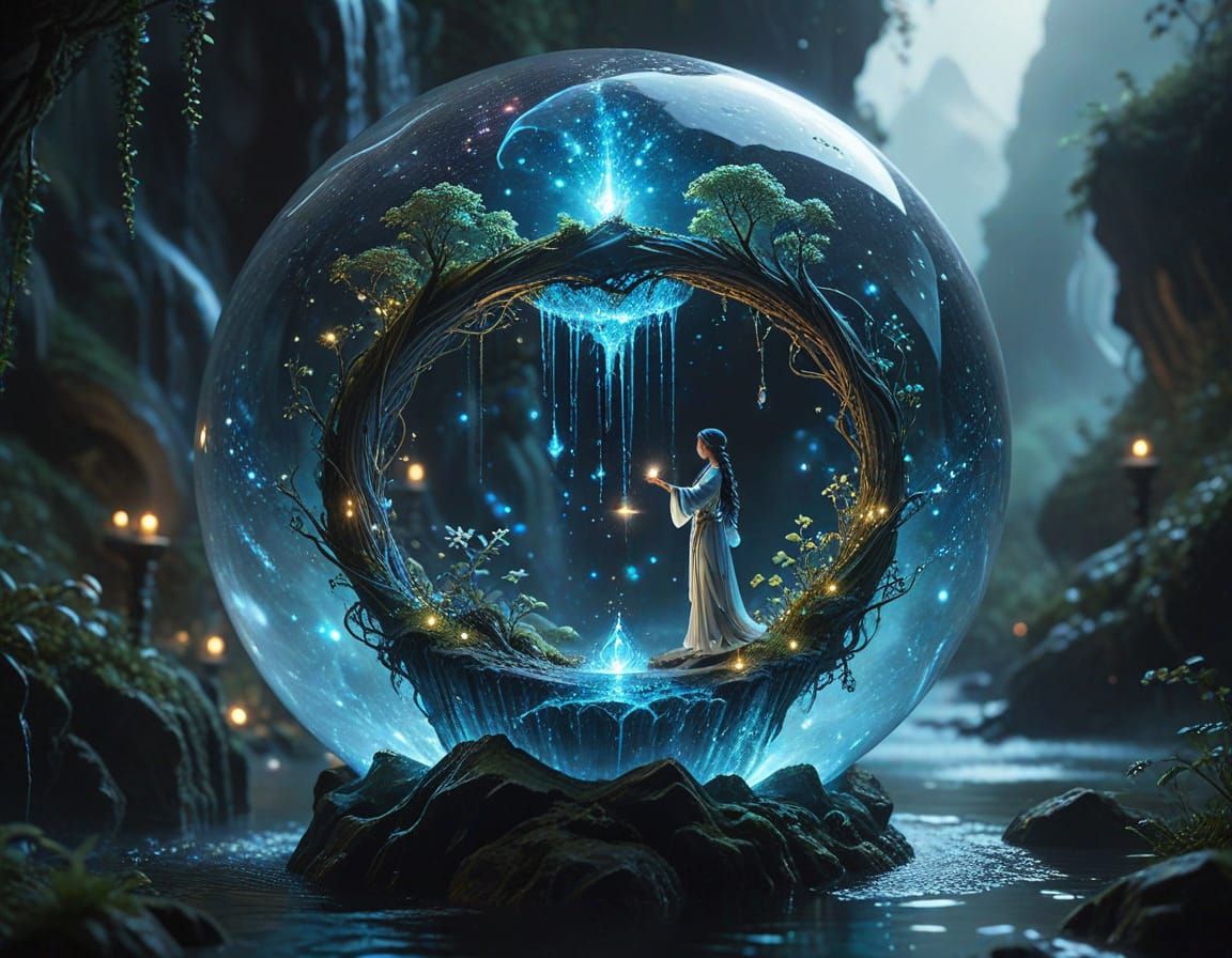 Ethereal Water Sorcerer in Dreamlike Floating Island Scene