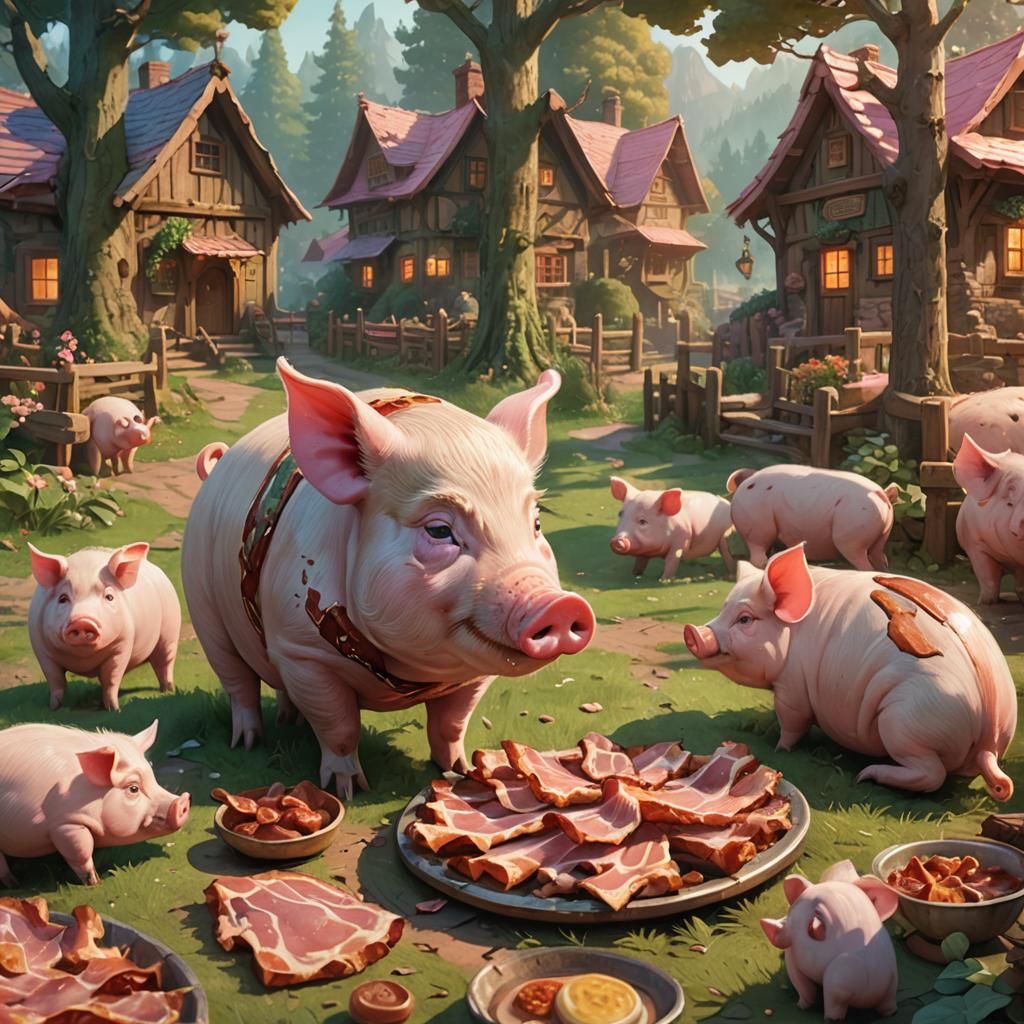 Pig Eating Bacon in Jan Brett Style