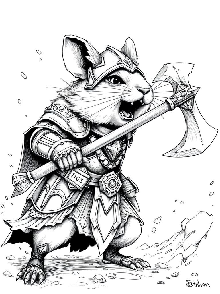 Fantasy Furry Warrior Maiden Wields Battle-Axe in Rage