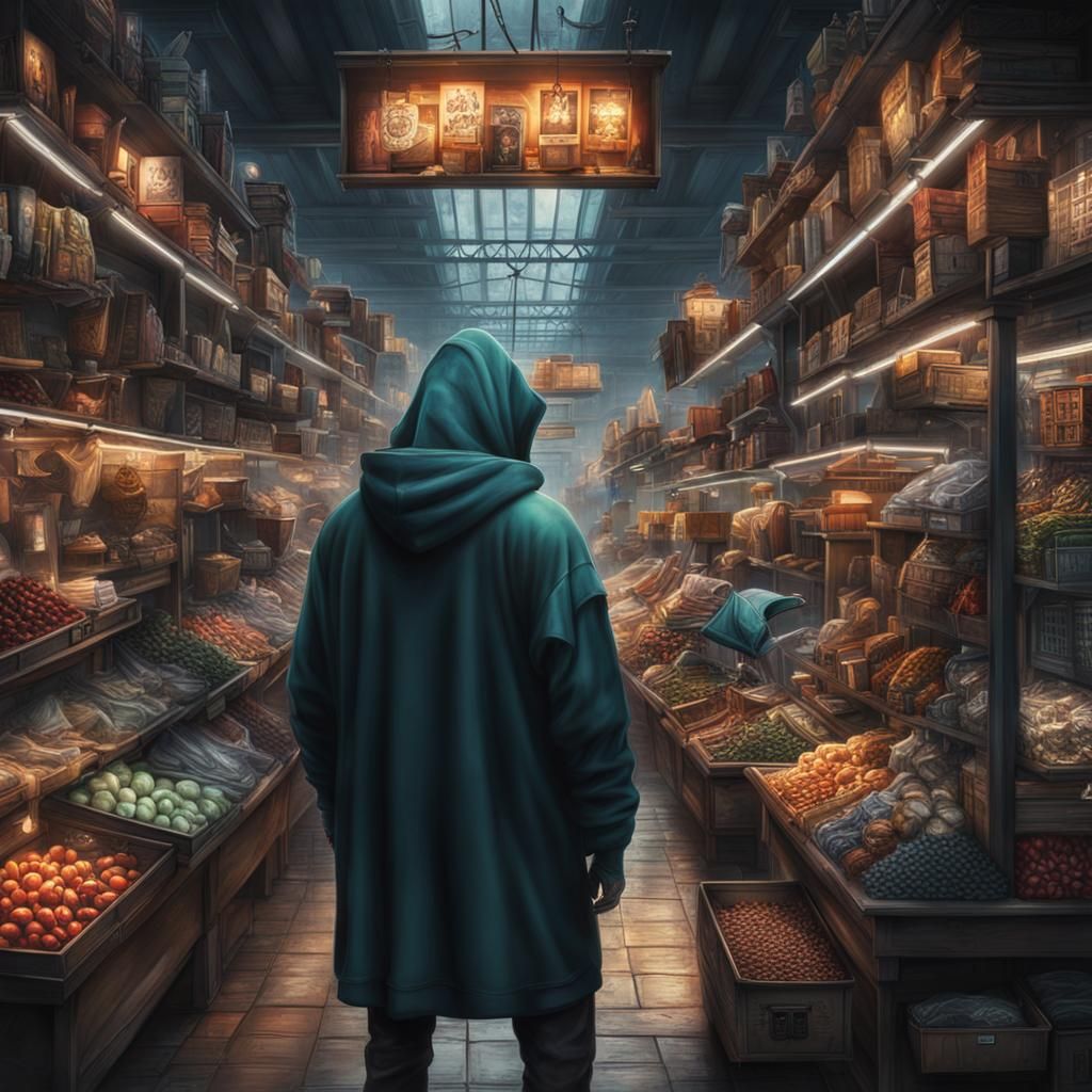 Mysterious Hooded Figures in a Maximalist Market