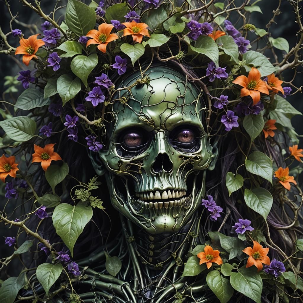 Eerie Surrealism: Flowers and Skeletal Face