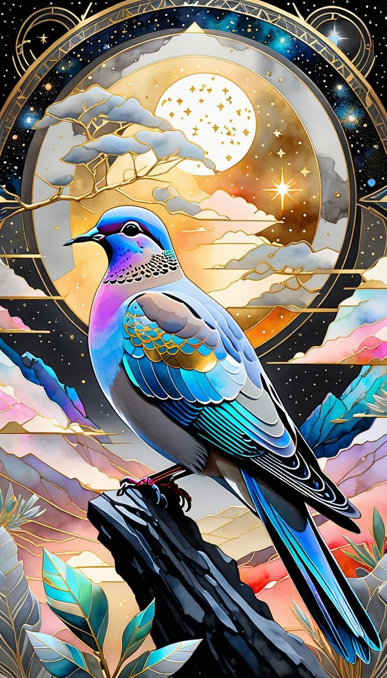 Luminous Dove in Watercolor Starscape