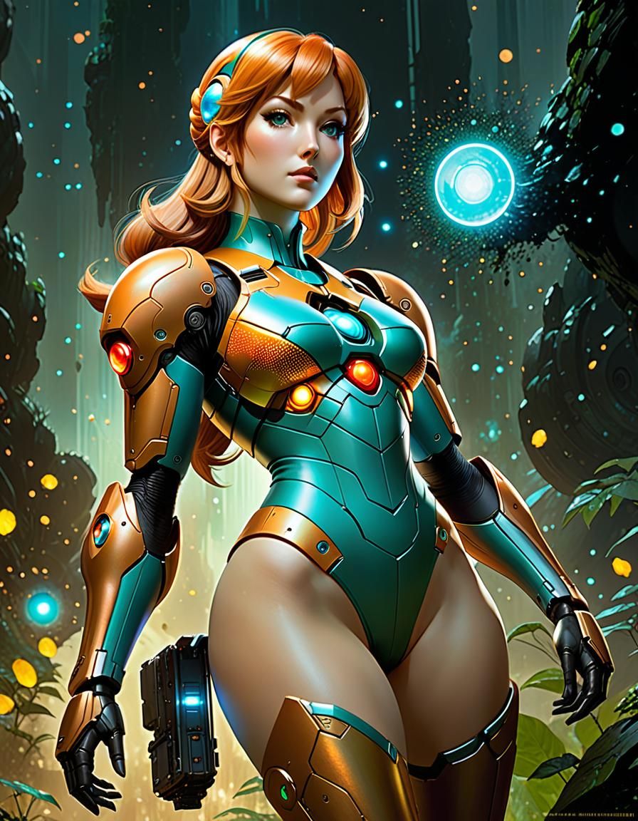 Samus Aran Pointillism Portrait in Digital Art Style