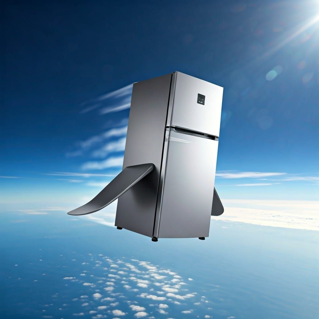 Flying Fridge with Scanner Soaring in Blue Sky