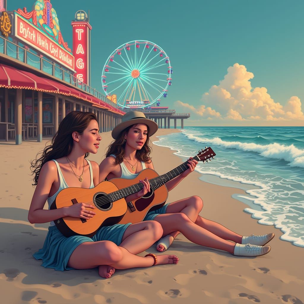 Dreamy Boardwalk Scene with Singing Youth, Digital Art