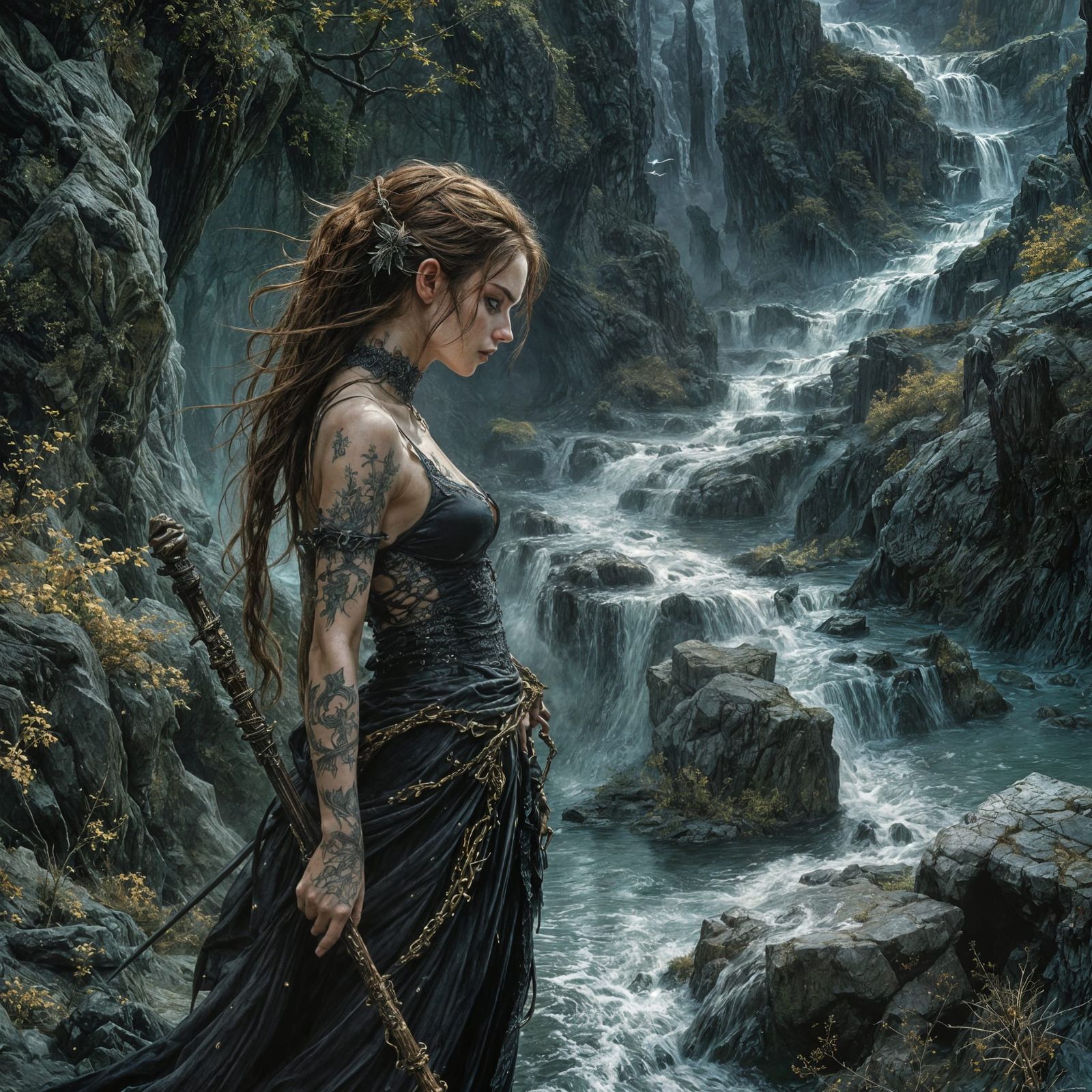 Female Wizard on Magical River, Fantasy Illustration