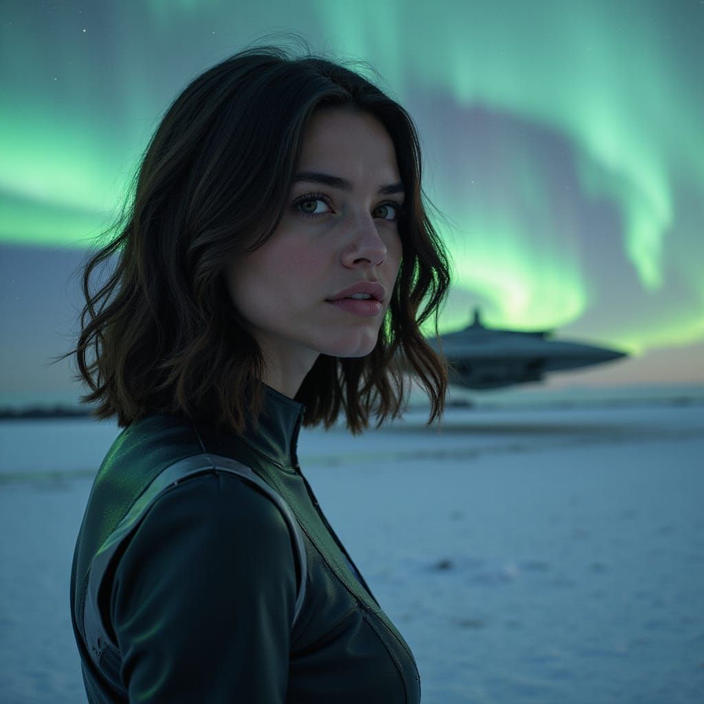 Futuristic Woman Before Starship Under Northern Lights