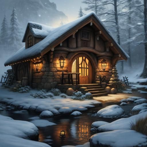 Hyperrealistic Hobbit Home in Winter Concept Art