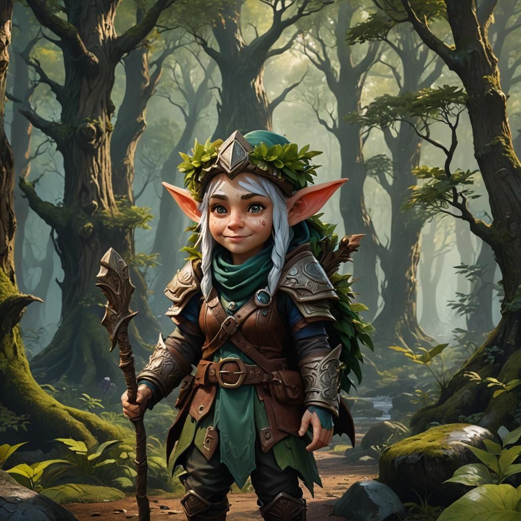 Happy Young Gnome Druid in Forest, Detailed Matte Painting