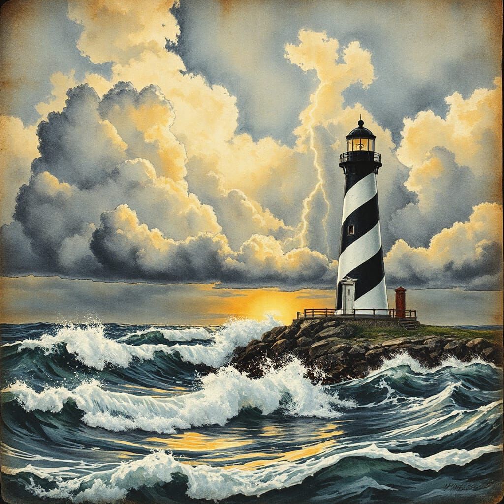 Rustic Maine Lighthouse in Stormy Sunset