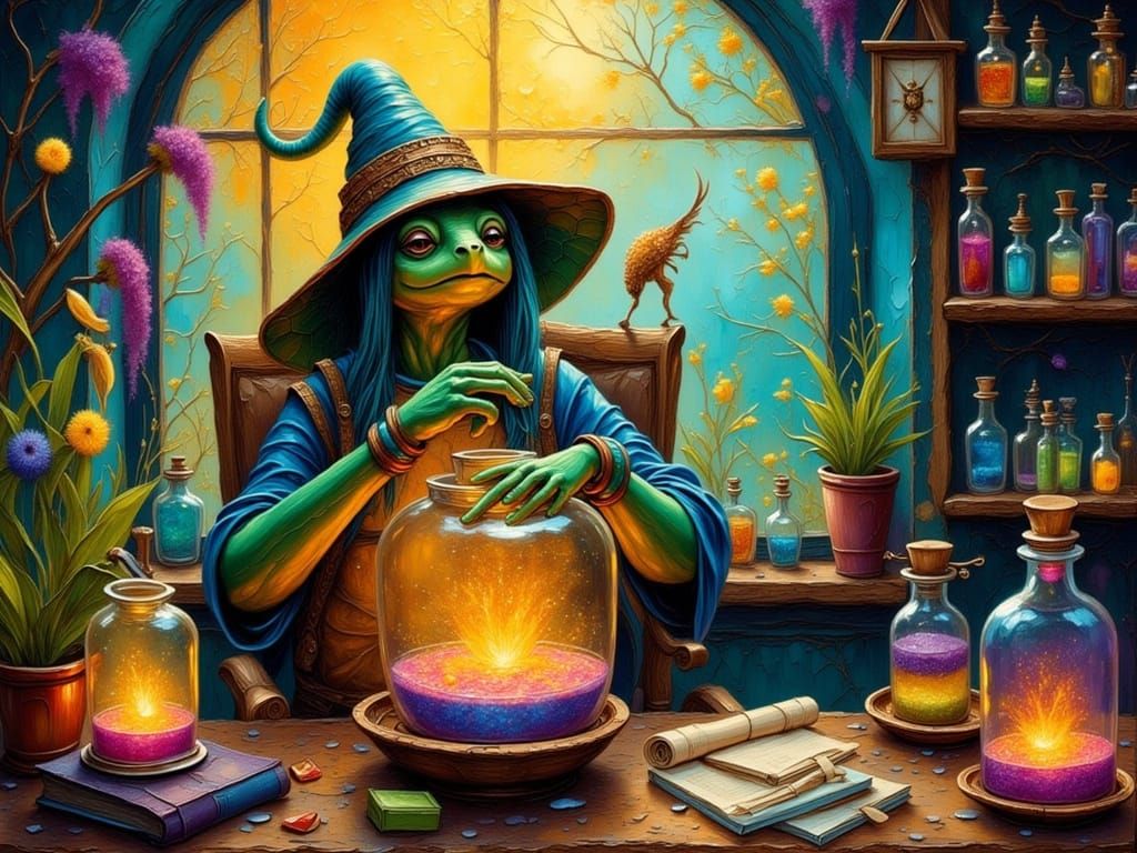 Whimsical Alchemist's Workshop in Vibrant Alcohol Ink Style