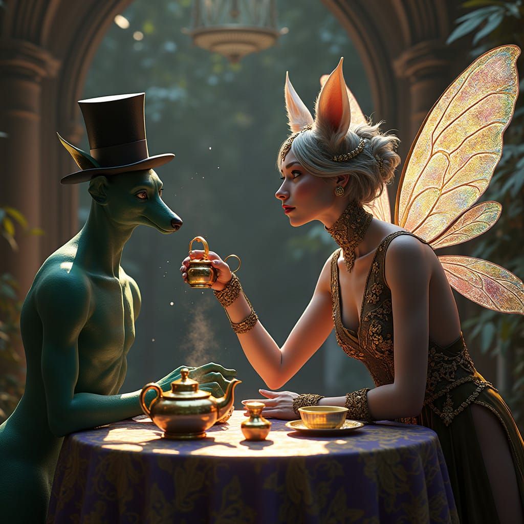 Dark Fantasy Scene with Shimmering Metal Man and Dragonfly W...