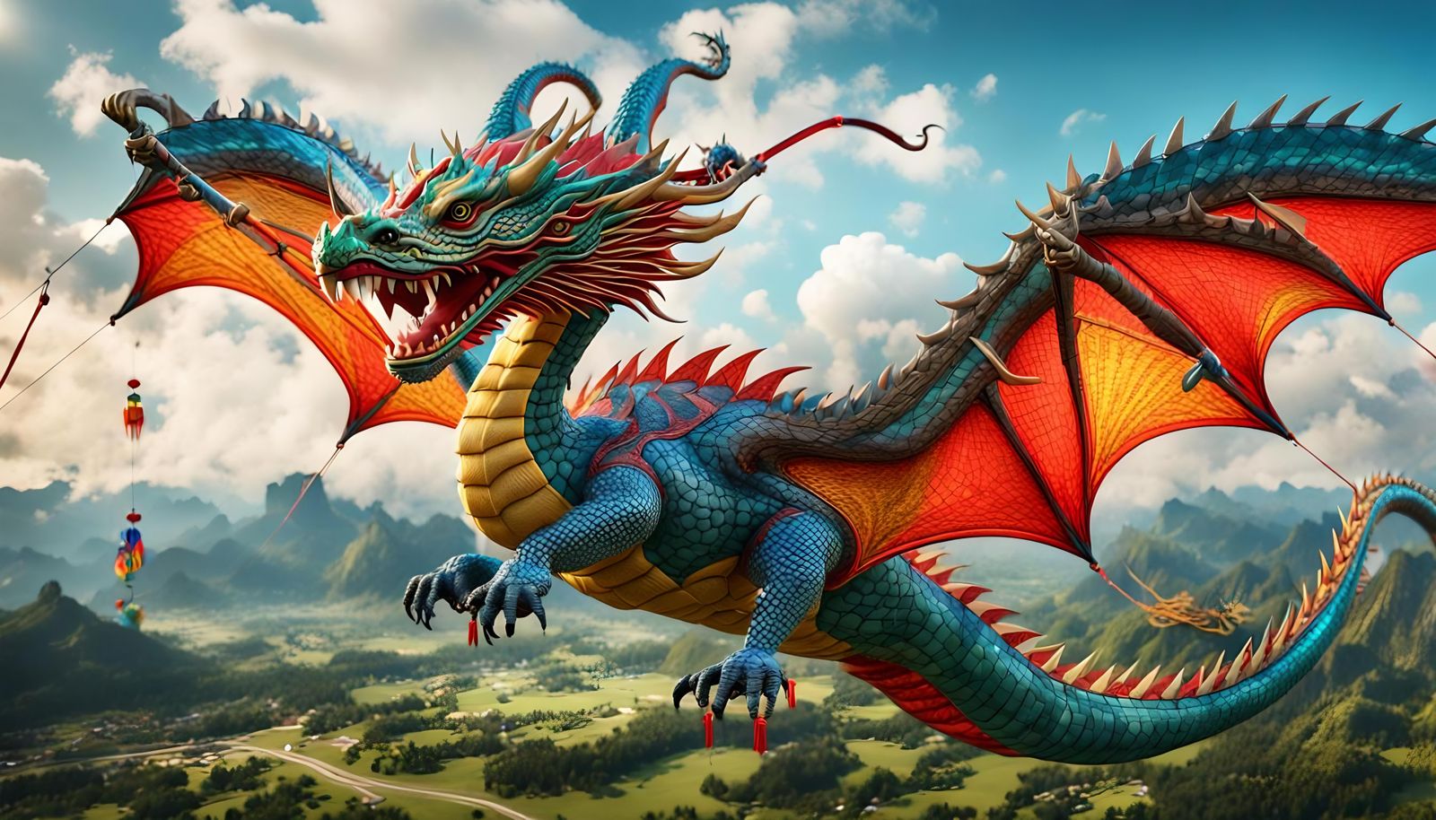 Realistic 3D Dragon Kite Over Chinese Countryside